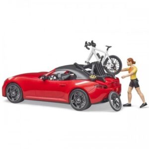 Bruder crveni auto sa biciklistom i biciklom na nosaču