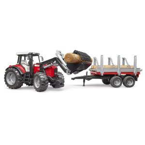 Traktor Massey Ferguson sa utovariva?em, prikolicom za drva i stablima